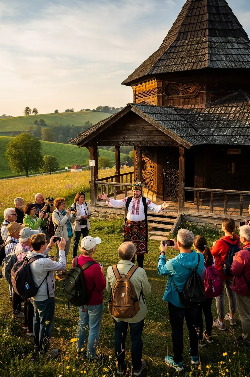 Tradičné podtatranské drevené domčeky vedľa kľudnej horskej rieky.